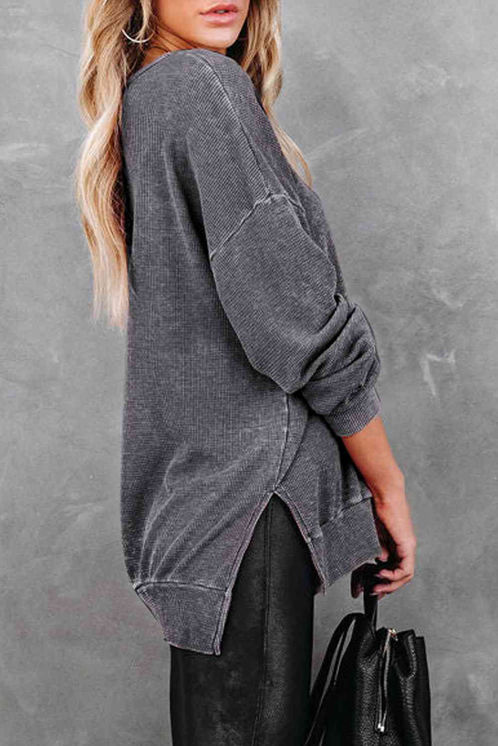 Waffle Knit Side Slit Drop Shoulder Sweatshirt - TRENDMELO