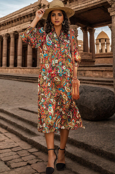 Printed Surplice Lantern Sleeve Midi Dress - TRENDMELO