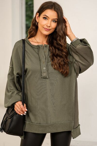 Buttoned Dropped Shoulder Sweatshirt - TRENDMELO