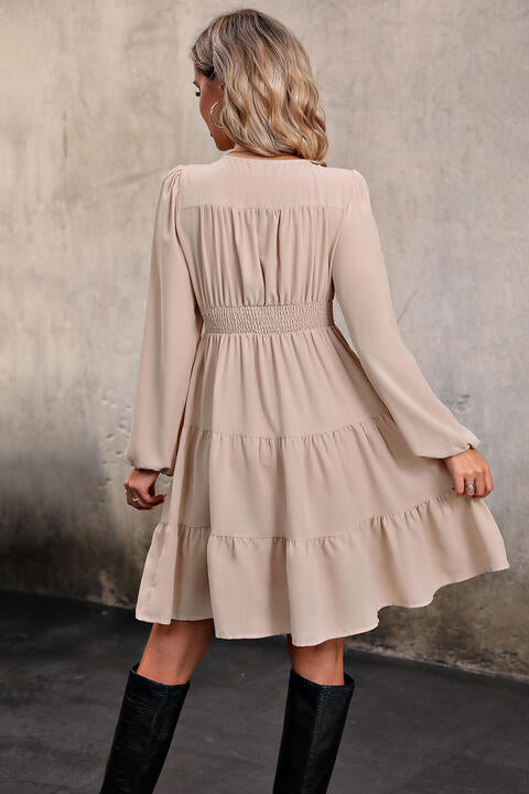 V Neck Button Up Tiered Dress - TRENDMELO