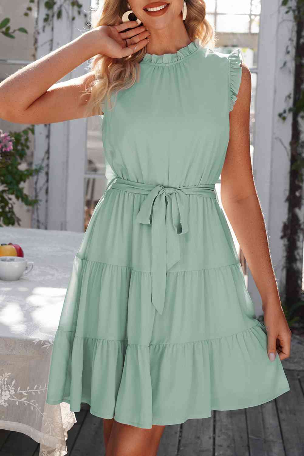 Ruffle Collar Tie Belt Tiered Dress - TRENDMELO