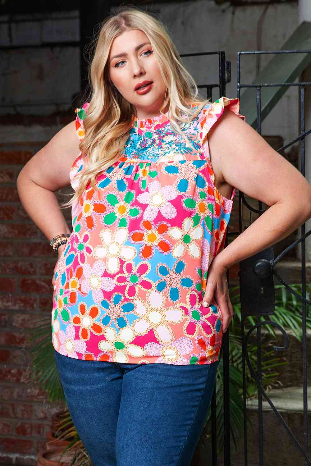 Plus Size Floral Ruffle Shoulder Tank - TRENDMELO