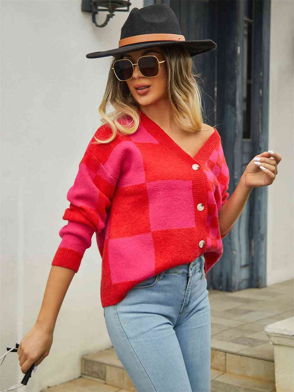 Plaid V-Neck Dropped Shoulder Cardigan - TRENDMELO