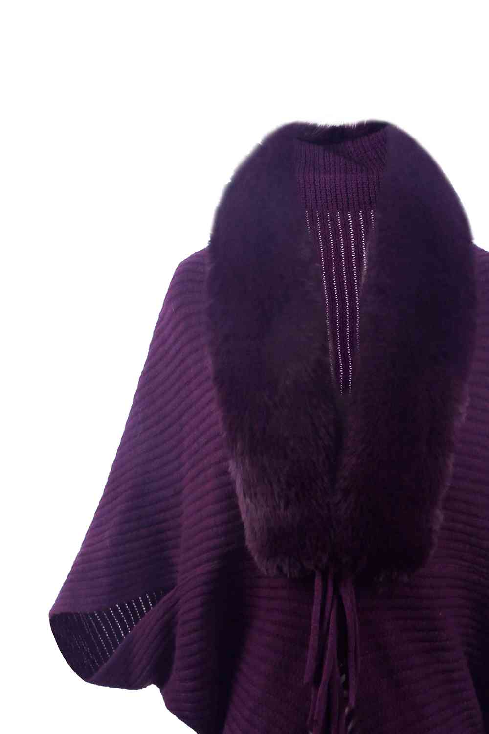 Fringe Detail Long Sleeve Ribbed Poncho - TRENDMELO