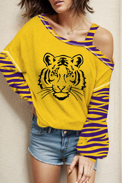 Tiger Graphic Asymmetrical Neck Long Sleeve T-Shirt - TRENDMELO