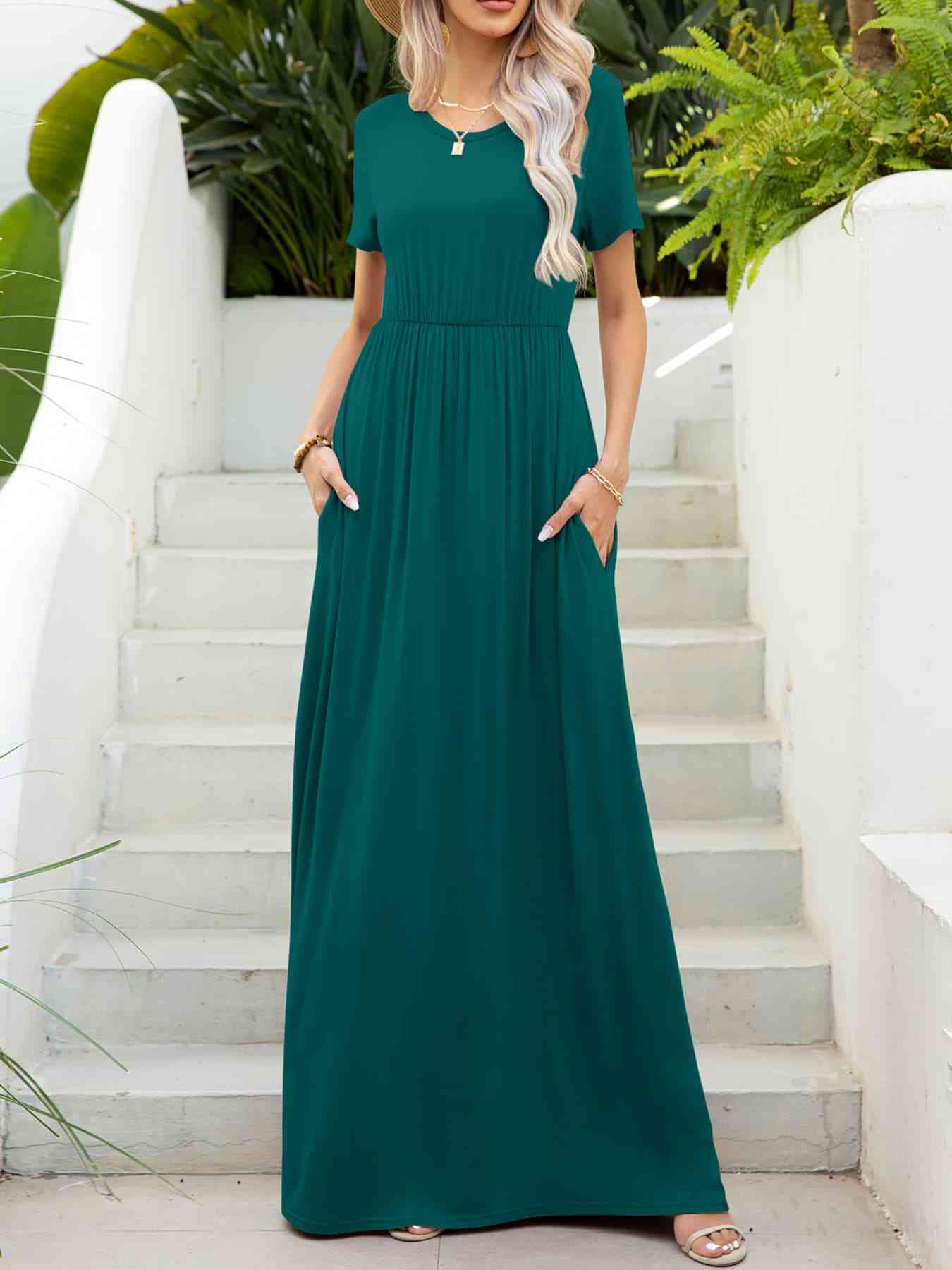 Round Neck Short Sleeve Maxi Dress with Pockets - TRENDMELO