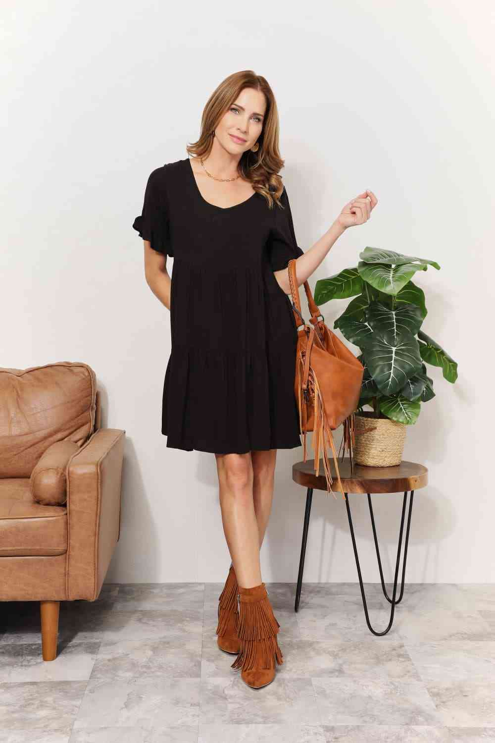 Double Take V-Neck Flounce Sleeve Tiered Dress - TRENDMELO