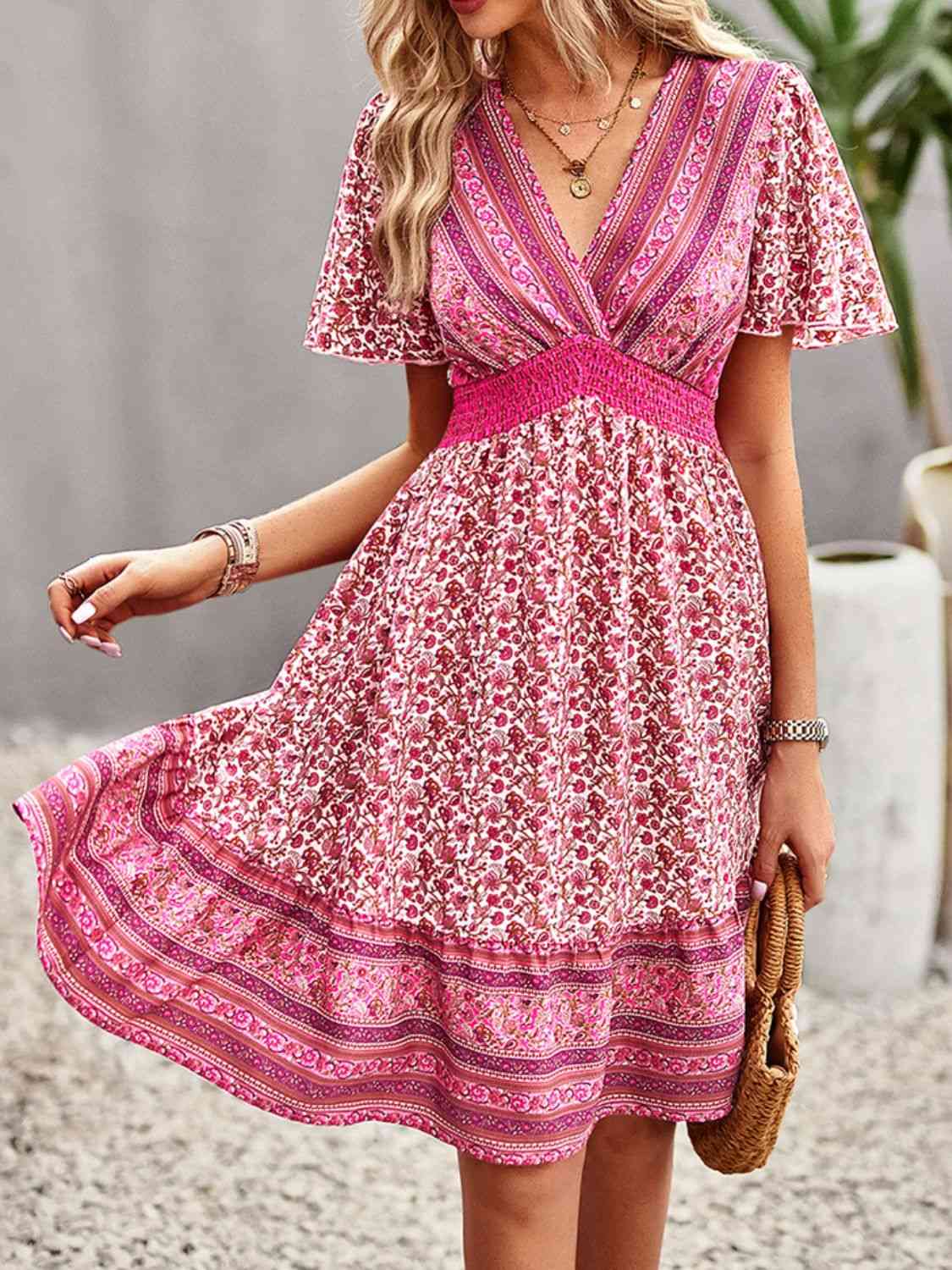 Floral Print Bohemian Style V-Neck Flutter Sleeve Dress - TRENDMELO