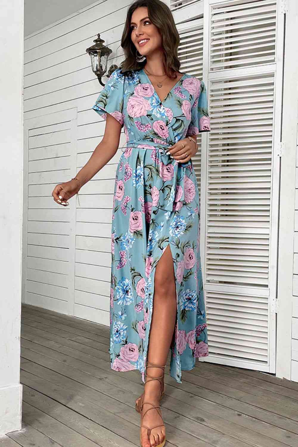 Floral Tie-Waist Slit Surplice Maxi Dress - TRENDMELO