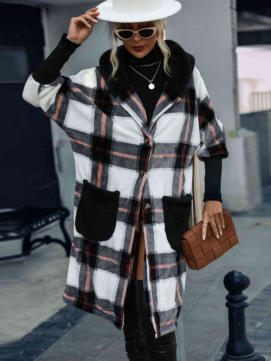 Plaid Button Down Hooded Jacket - TRENDMELO