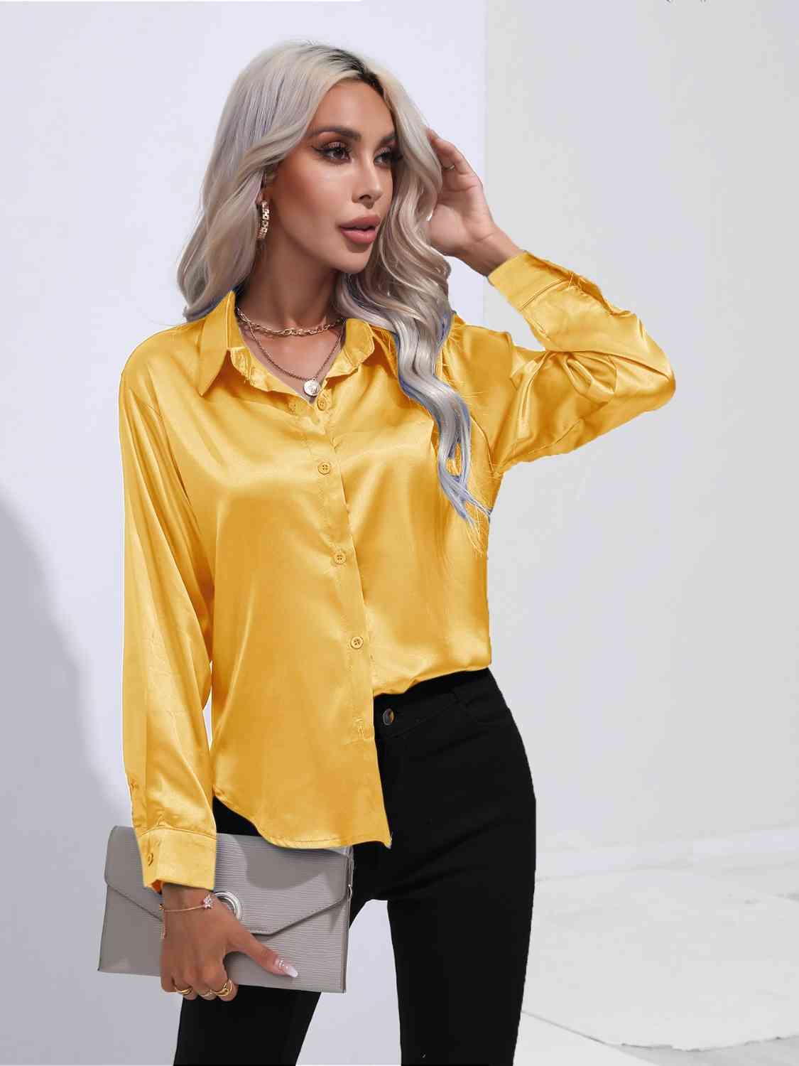 Collared Neck Buttoned Long Sleeve Shirt - TRENDMELO