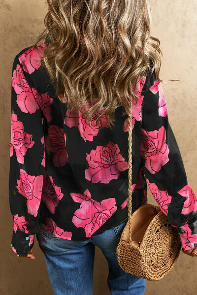 Flower Collared Neck Long Sleeve Shirt - TRENDMELO