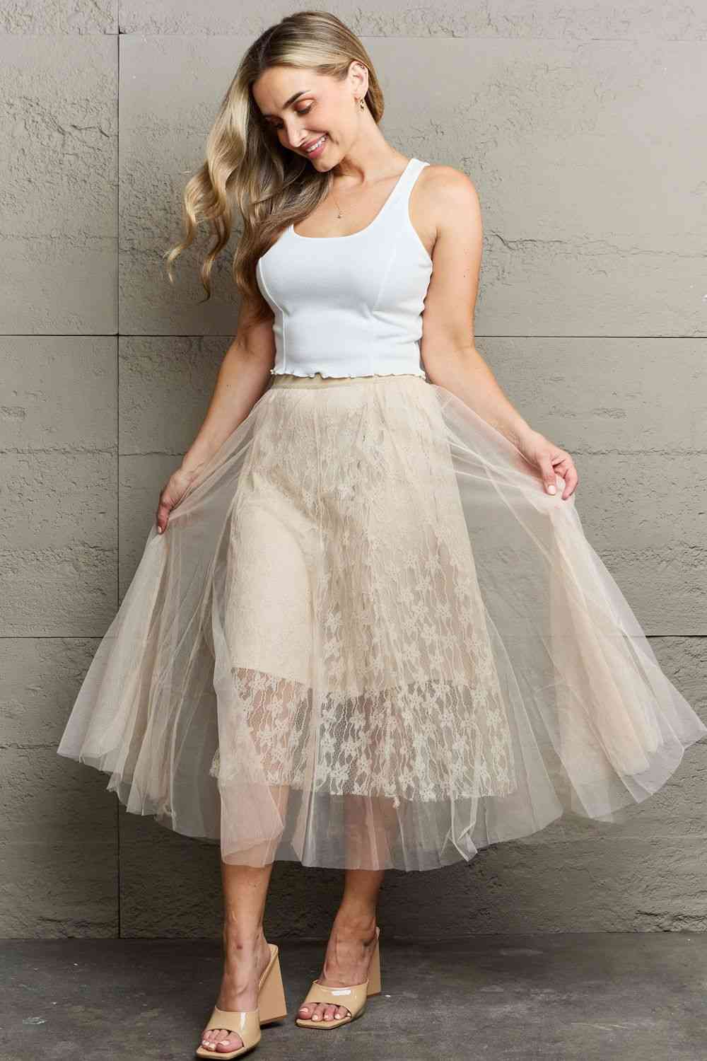 Ninexis Lace Flowy Midi Skirt - TRENDMELO