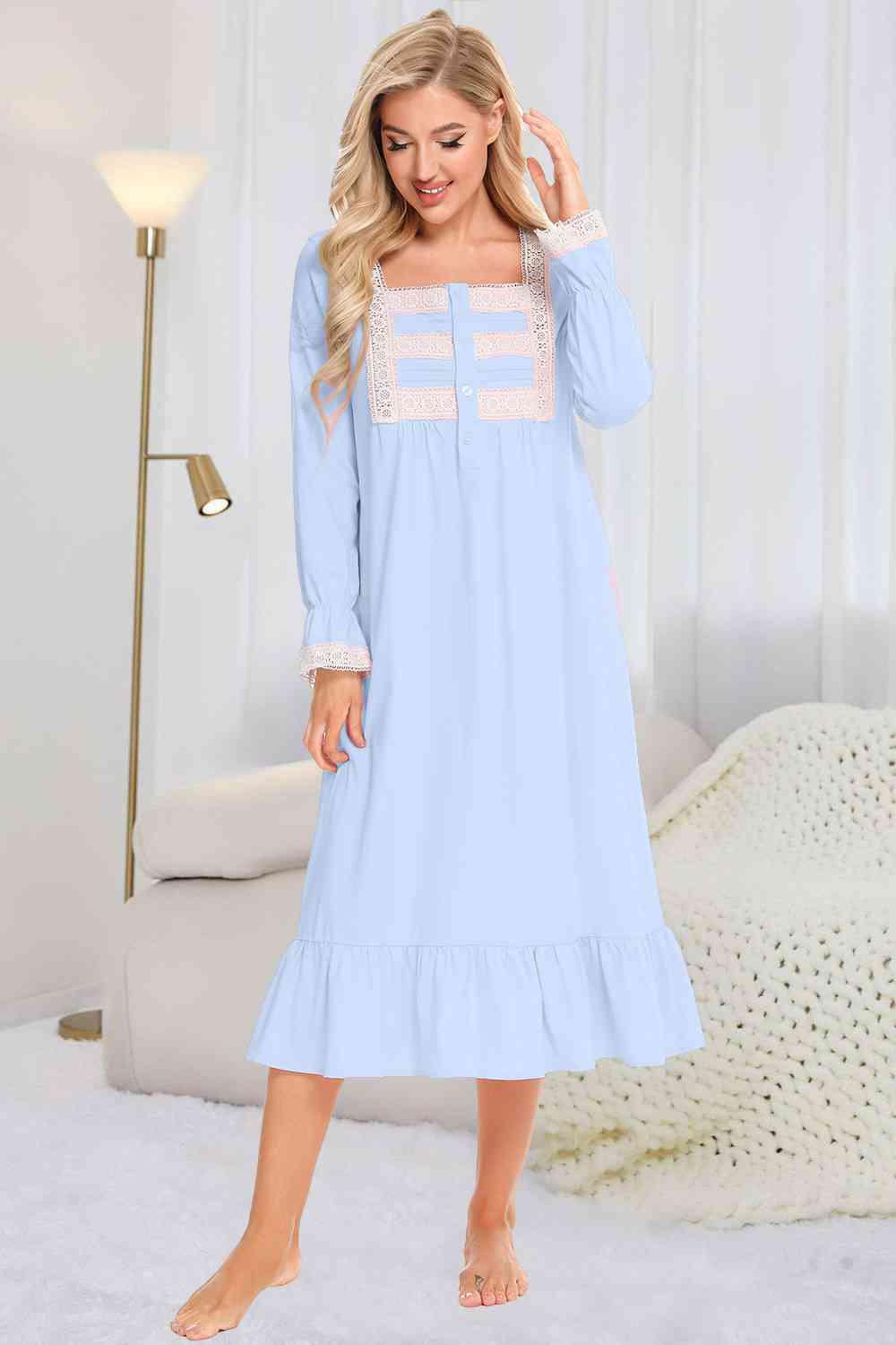 Lace Detail Square Neck Flounce Sleeve Night Dress - TRENDMELO