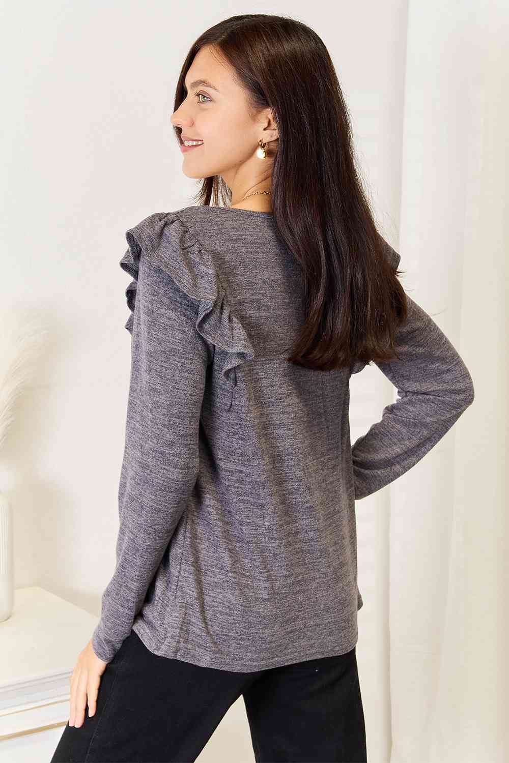 Double Take Square Neck Ruffle Shoulder Long Sleeve T-Shirt - TRENDMELO