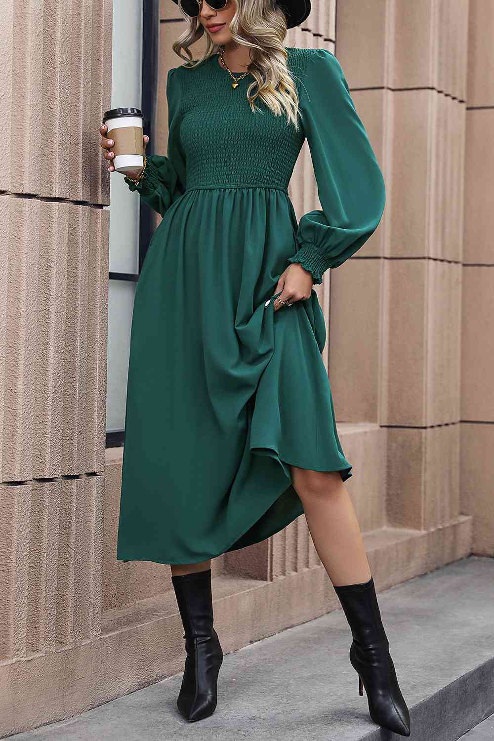 Smocked Long Sleeve Midi Dress - TRENDMELO