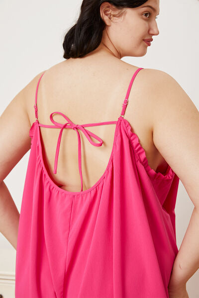 Full Size Ruffle Trim Tie Back Cami Jumpsuit with Pockets - TRENDMELO