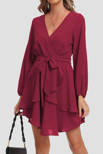 Tied Surplice Balloon Sleeve Layered Dress - TRENDMELO