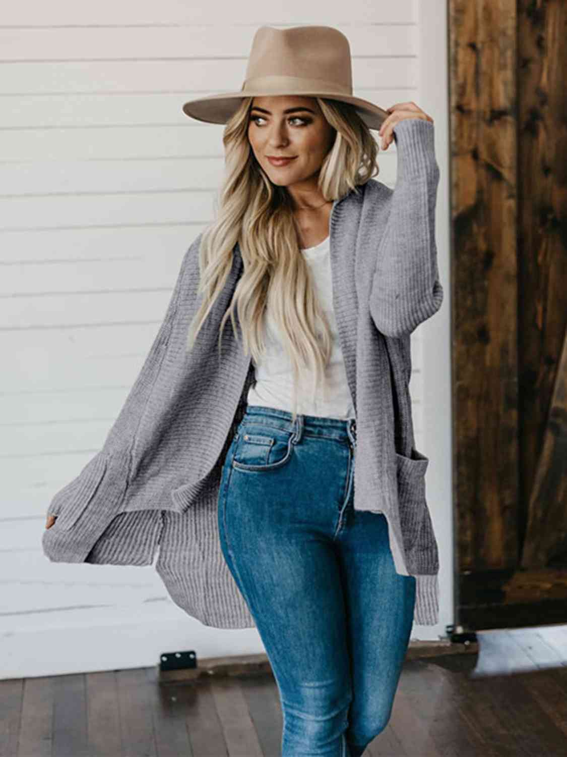 High-Low Open Front Cardigan with Pockets - TRENDMELO