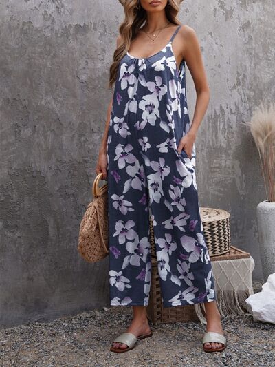 Printed Spaghetti Strap Jumpsuit with Pockets - TRENDMELO