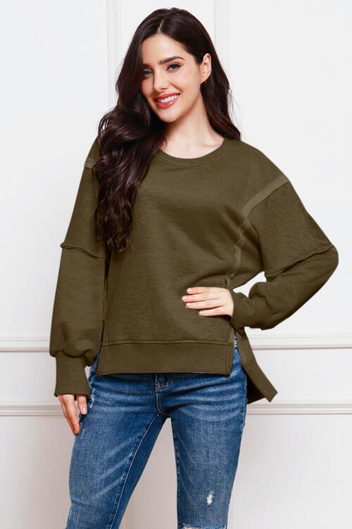 Exposed Seam High-Low Slit Sweatshirt - TRENDMELO