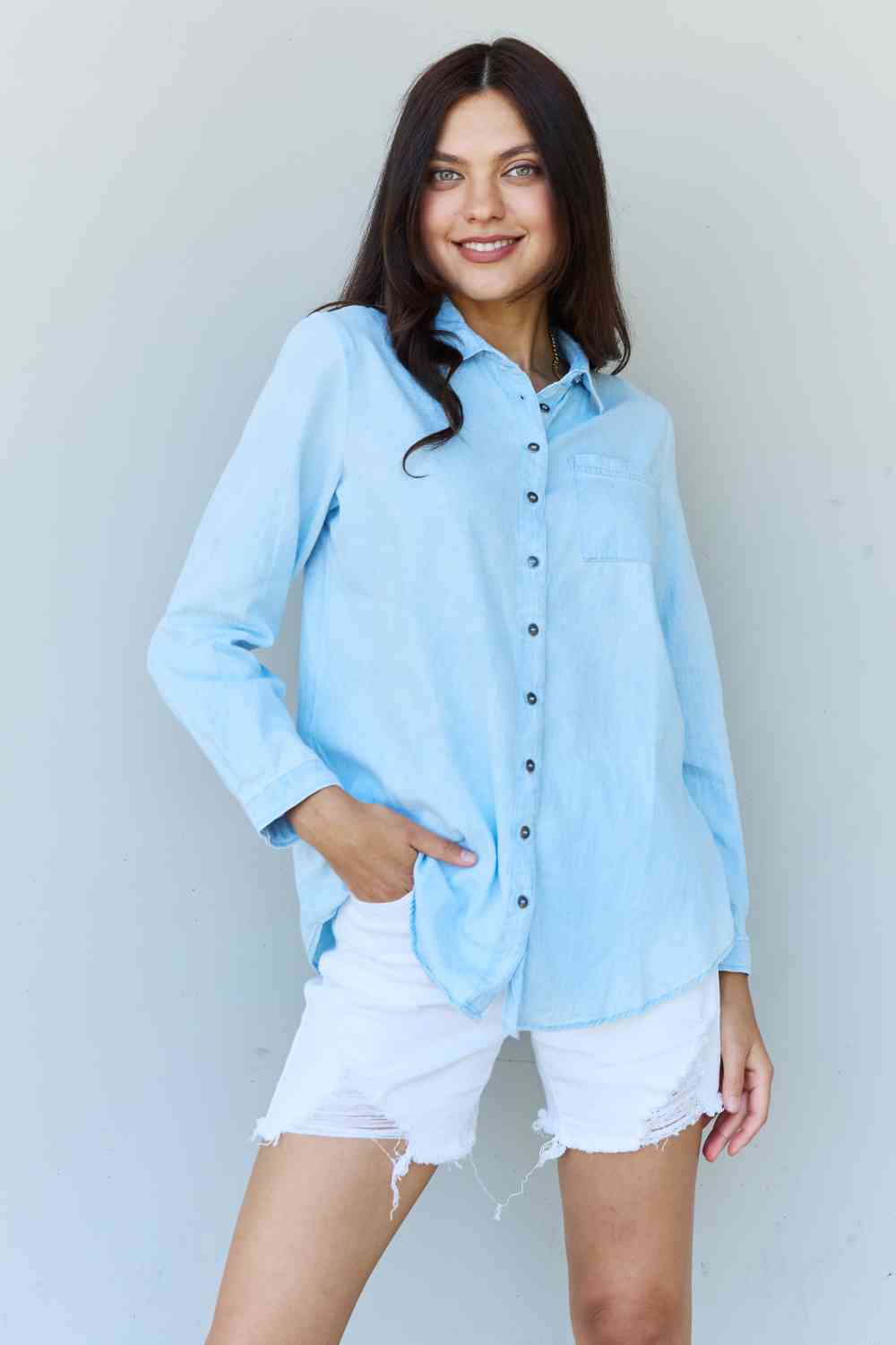 Doublju Blue Jean Baby Denim Button Down Shirt Top in Light Blue - TRENDMELO