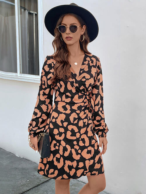 Printed Surplice Long Sleeve Dress - TRENDMELO