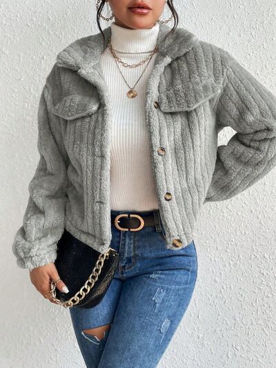 Fuzzy Button Up Collared Neck Jacket - TRENDMELO