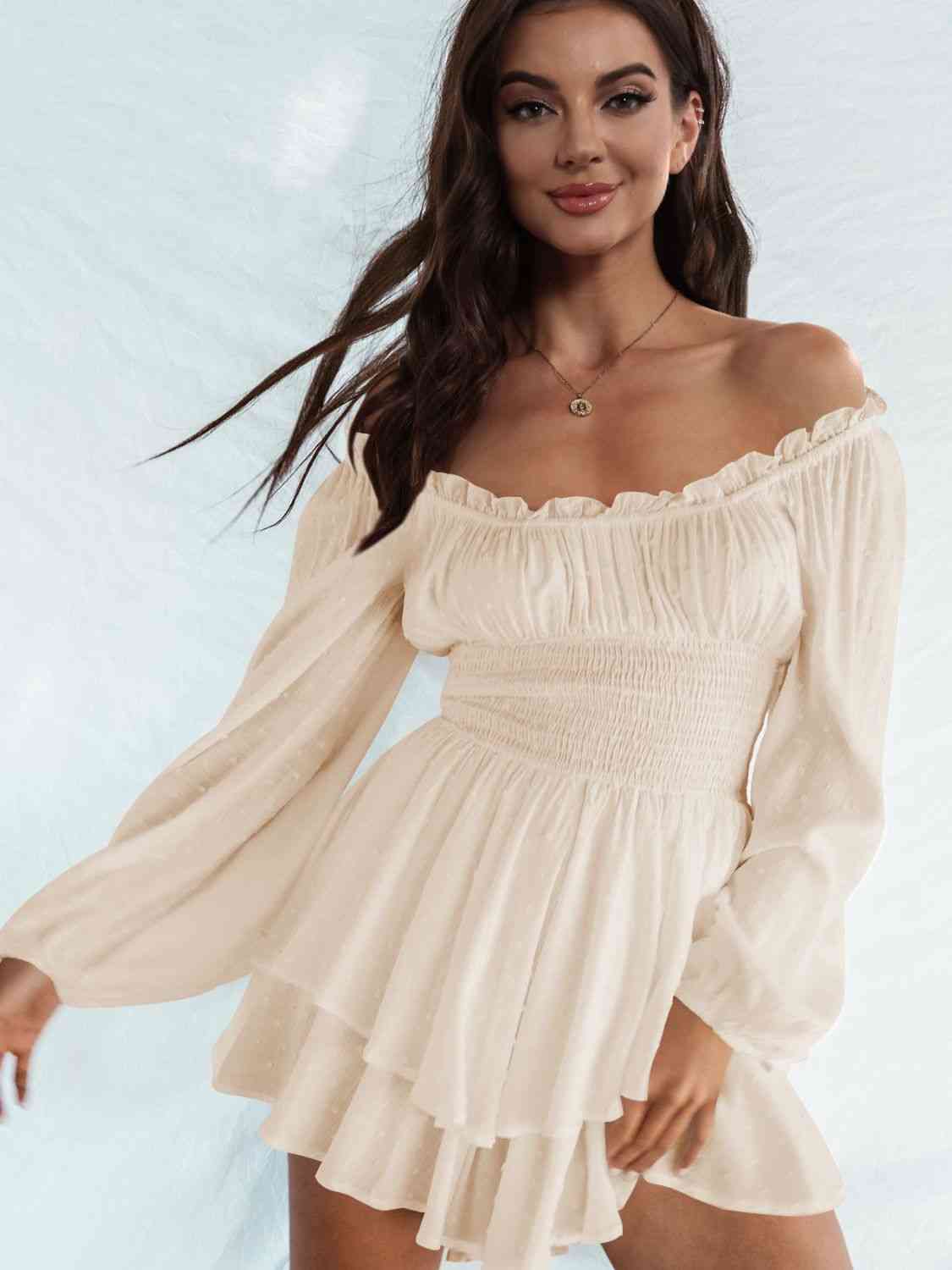 Off Shoulder Smocked Waist Romper - TRENDMELO