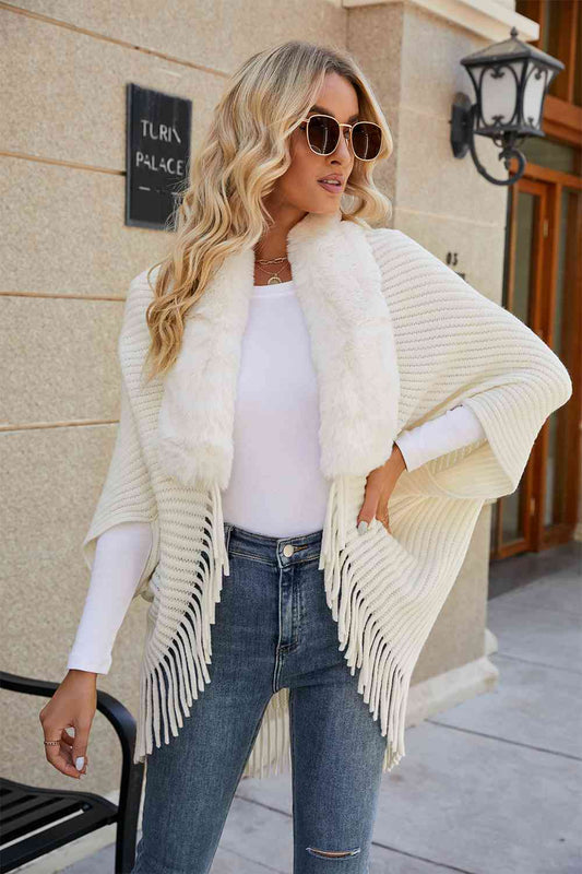 Fringe Detail Long Sleeve Ribbed Poncho - TRENDMELO