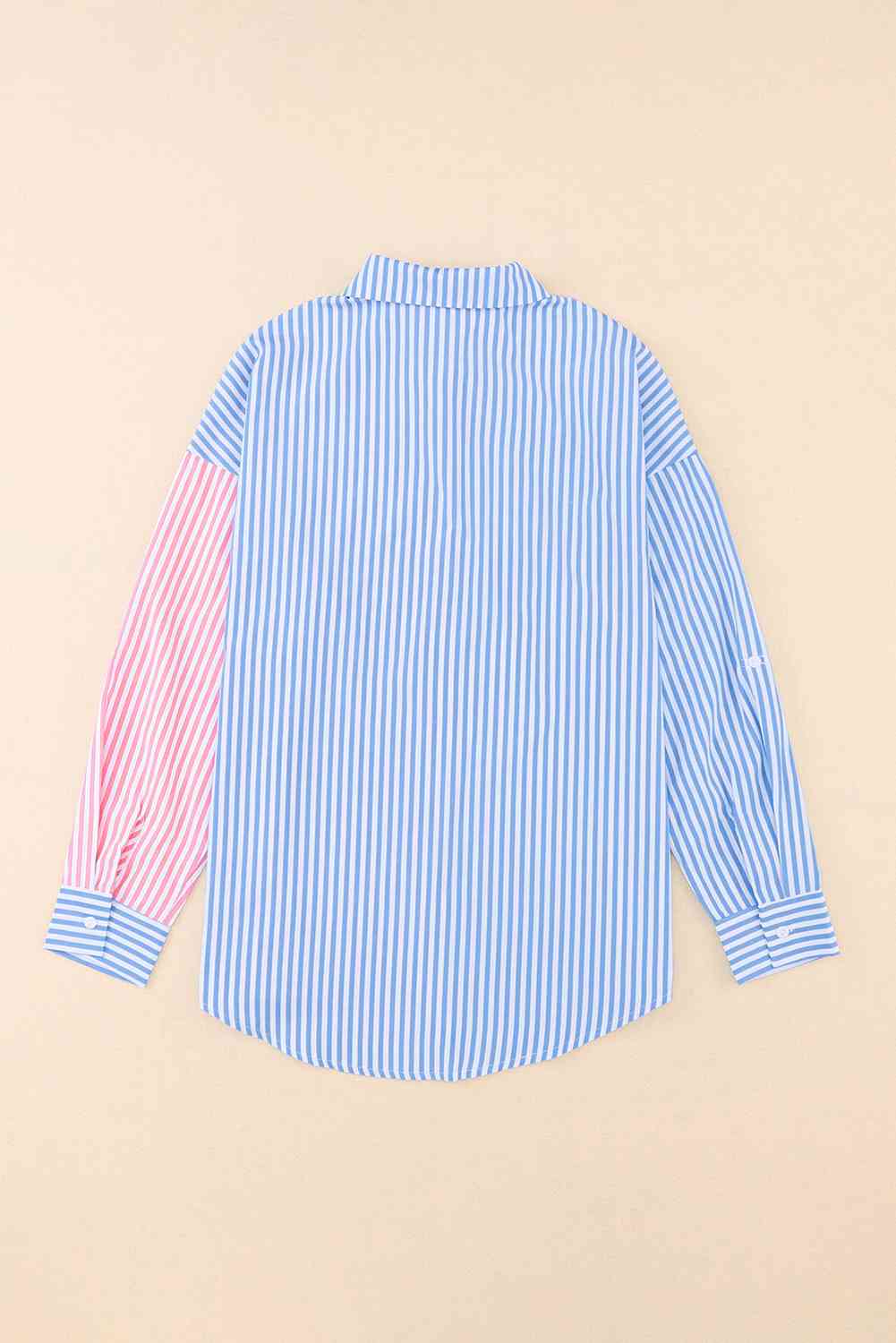 Striped Two-Tone Long Sleeve Shirt with Pocket - TRENDMELO