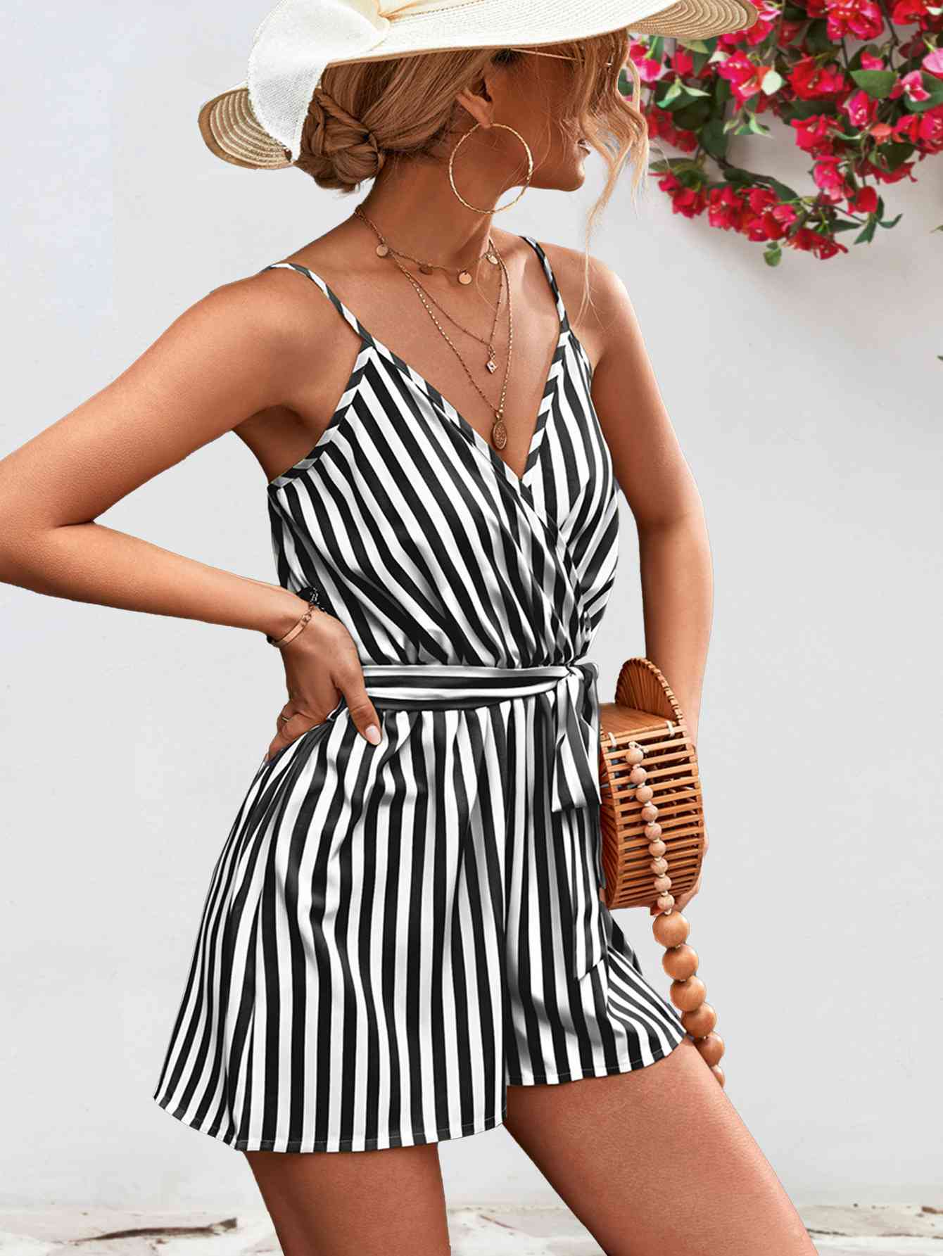 Striped Tie Waist Spaghetti Strap Romper - TRENDMELO