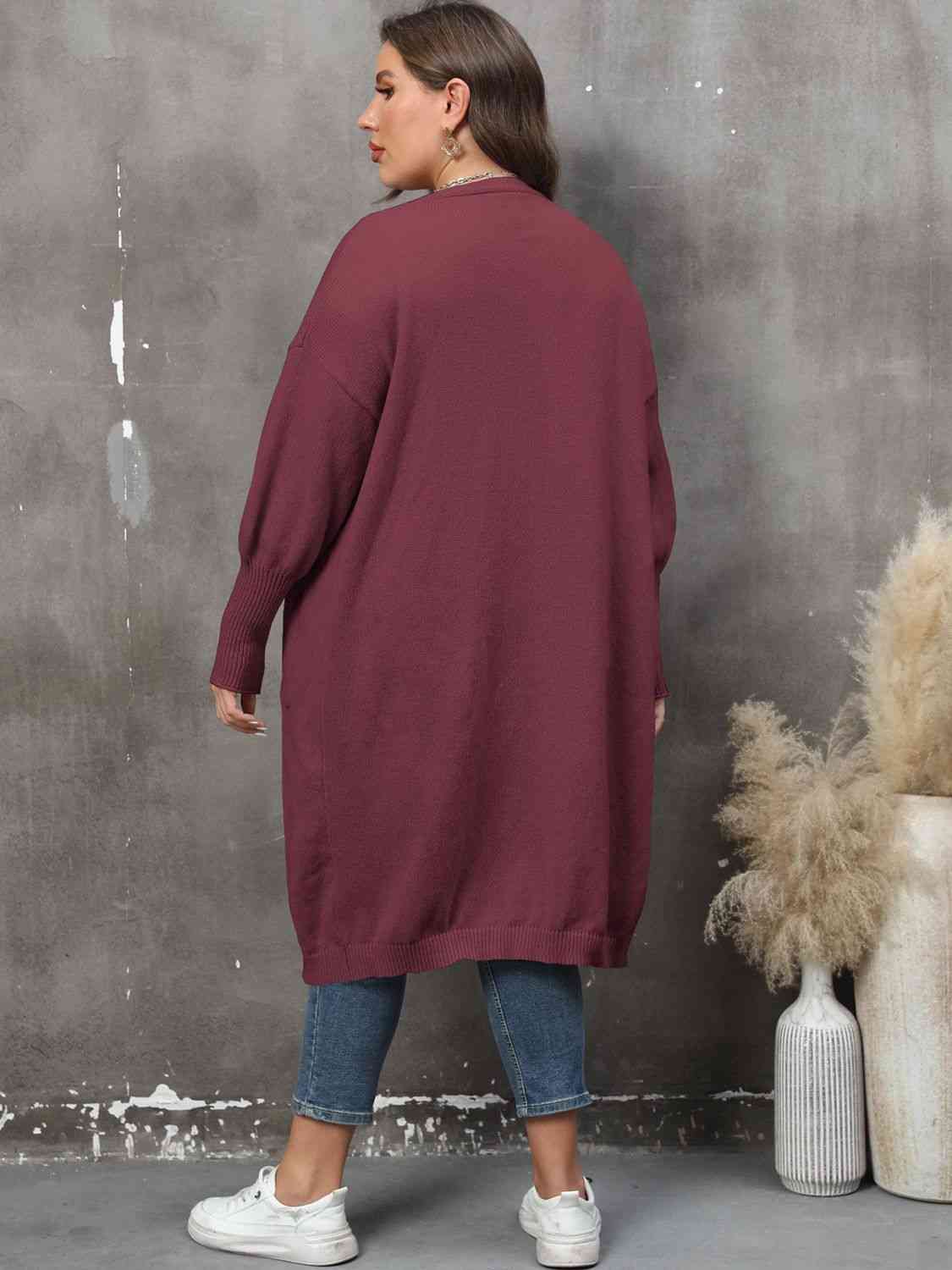 Plus Size Long Sleeve Pocketed Cardigan - TRENDMELO