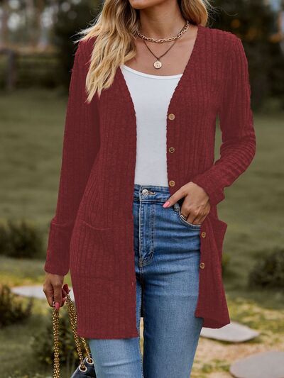 Ribbed Button Up Long Sleeve Cardigan - TRENDMELO