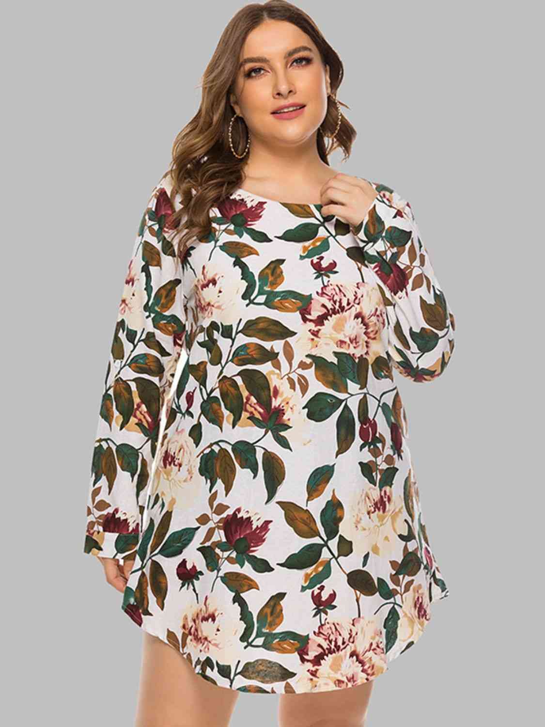 Full Size Floral Long Sleeve Mini Dress - TRENDMELO