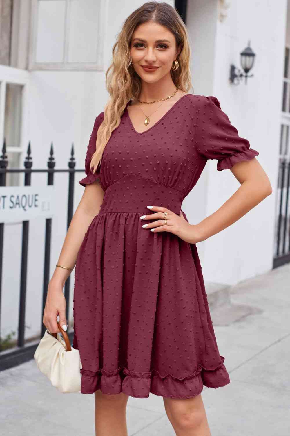 Swiss Dot Frill Trim Flounce Sleeve V-Neck Dress - TRENDMELO