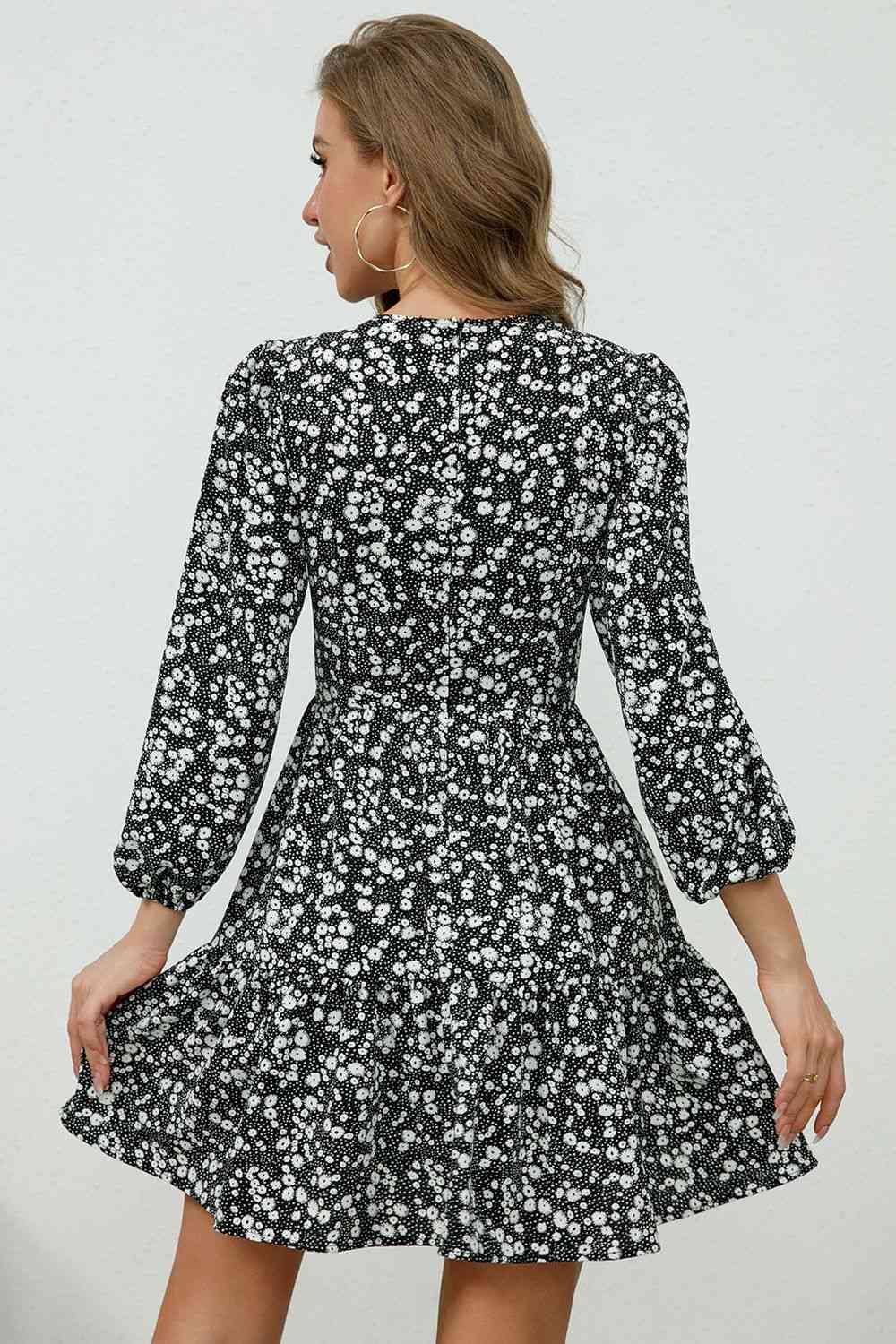 Printed Plunge Neck Flounce Sleeve Mini Dress - TRENDMELO