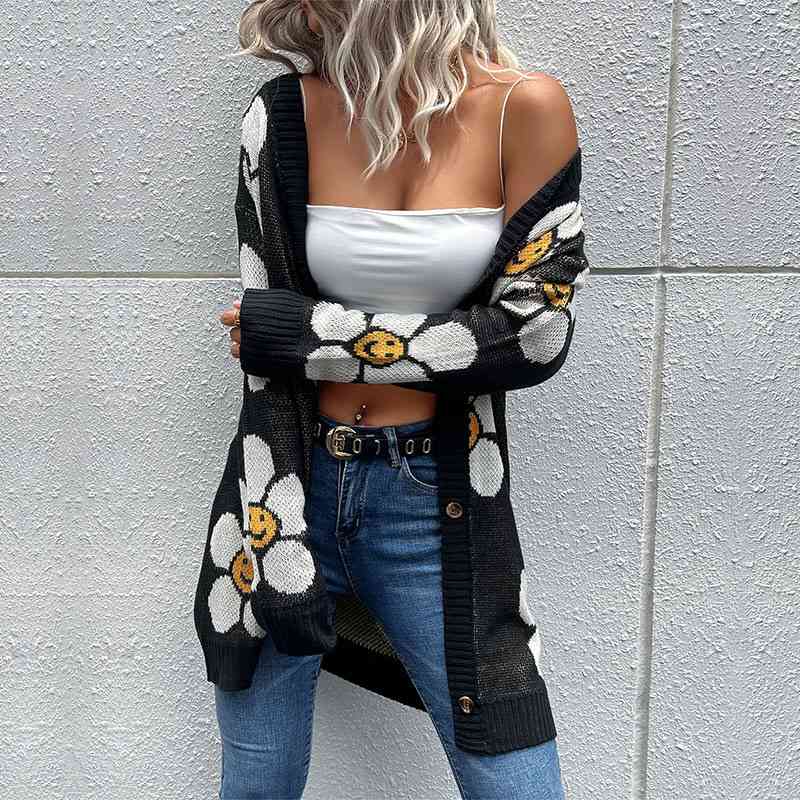 Floral Button Down Longline Cardigan - TRENDMELO