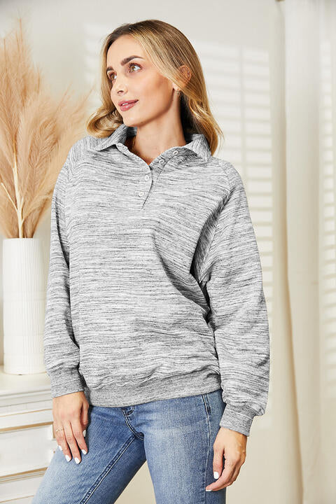 Ninexis Full Size Quarter-Button Collared Sweatshirt - TRENDMELO