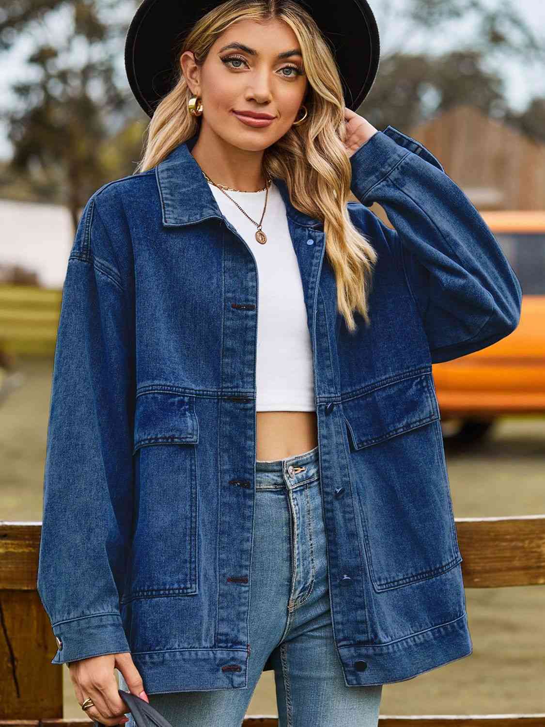 Dropped Shoulder Denim Jacket with Pockets - TRENDMELO