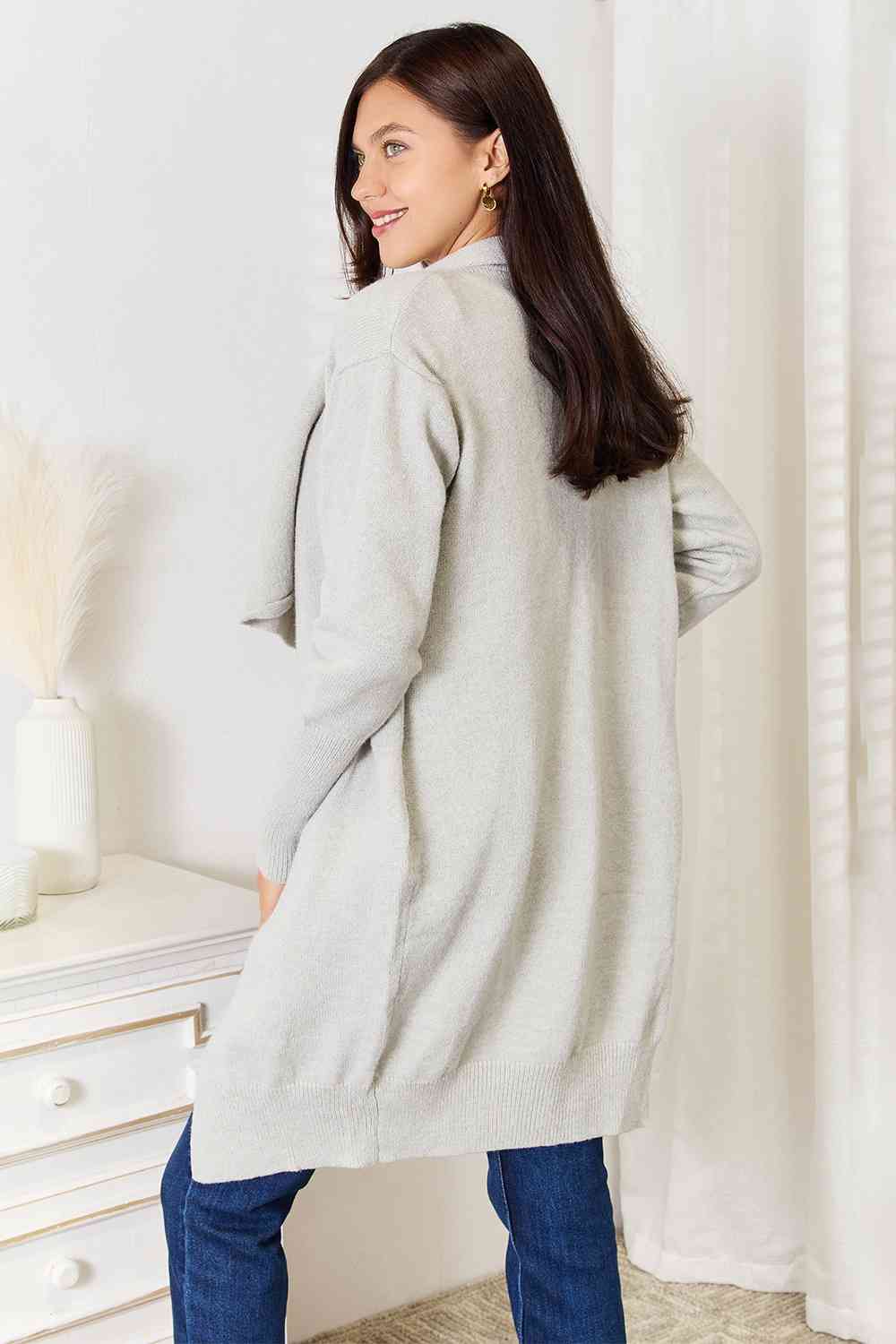 Double Take Open Front Duster Cardigan with Pockets - TRENDMELO