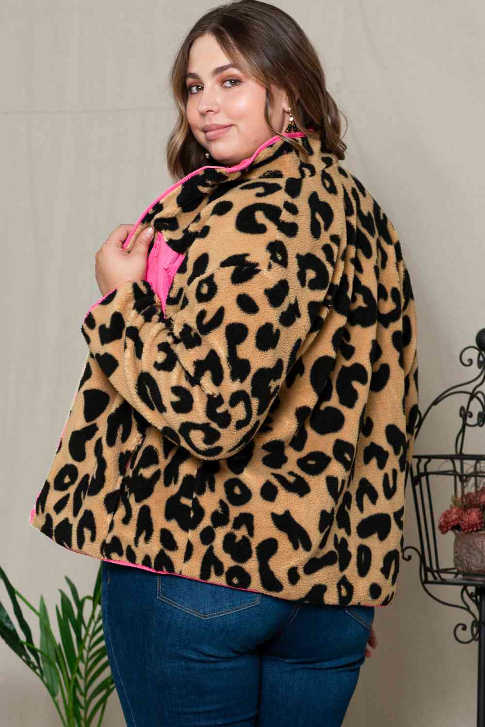 Plus Size Leopard Zip Up Jacket with Pockets - TRENDMELO