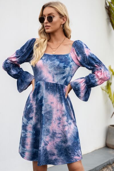 Tie-Dye Square Neck Flounce Sleeve Dress - TRENDMELO