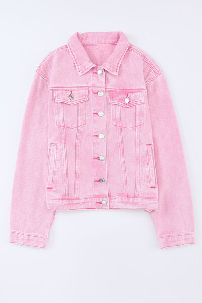 Pocketed Button Up Collared Neck Denim Jacket - TRENDMELO