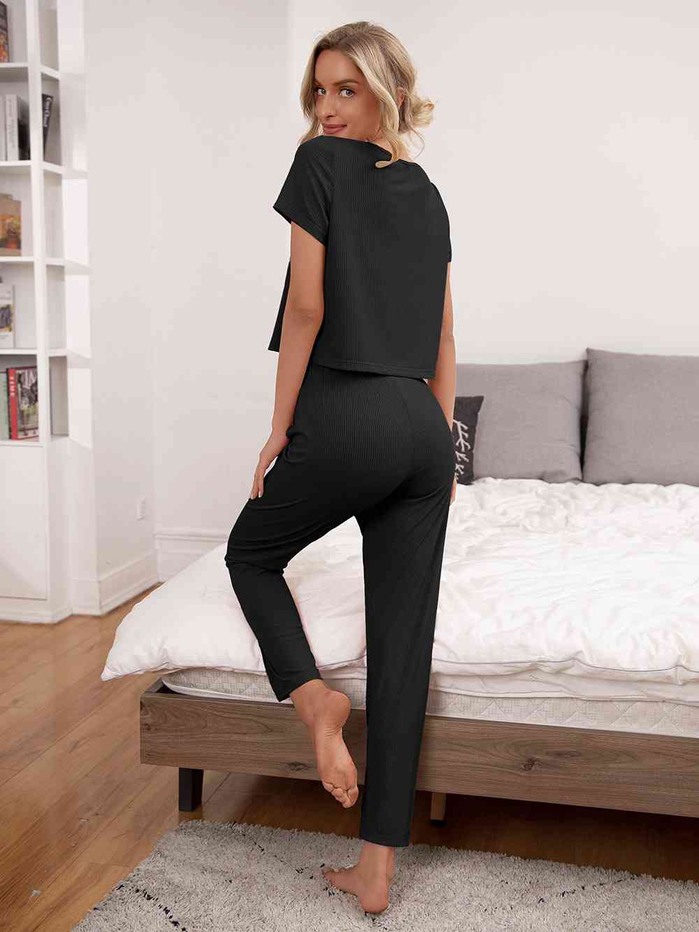 Round Neck Short Sleeve Top and Pants Lounge Set - TRENDMELO