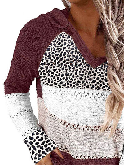 Full Size Openwork Leopard Drawstring Hooded Sweater - TRENDMELO