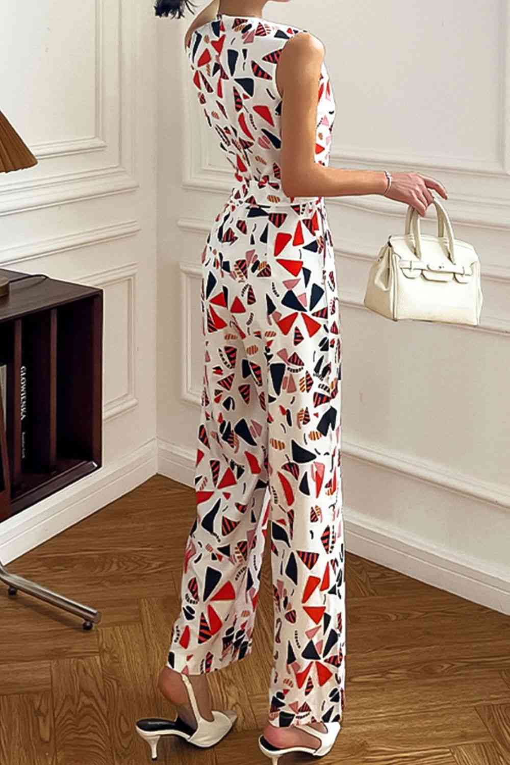 Printed Surplice Neck Sleeveless Jumpsuit - TRENDMELO