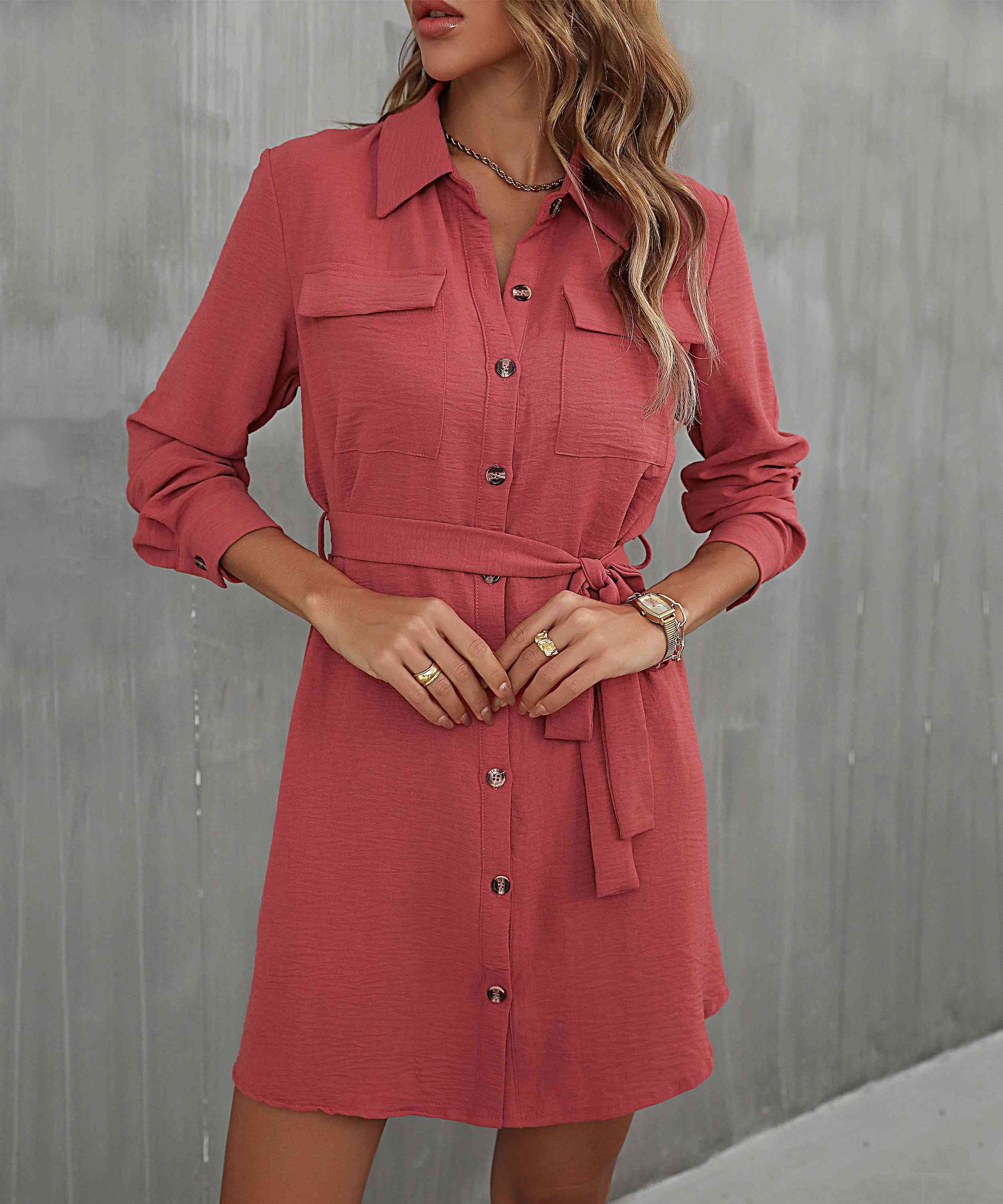 Button Down Belted Long Sleeve Shirt Dress - TRENDMELO