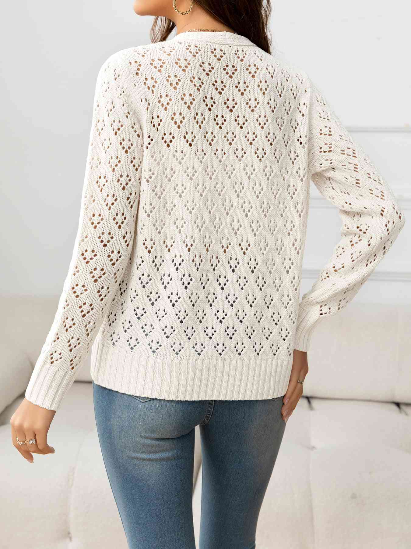 Openwork V-Neck Buttoned Knit Top - TRENDMELO