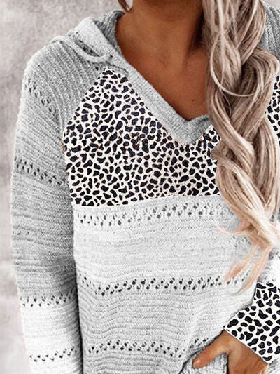 Full Size Openwork Leopard Drawstring Hooded Sweater - TRENDMELO